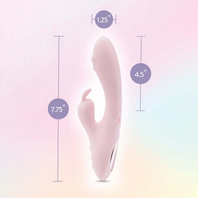 Play With Me Fairy Flutter Pink Rabbit Massager with 360° rotation, 7.75" length, 4.5" insertable, 1.25" diameter measurements.