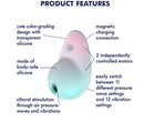 Product features of Satisfyer Pixie Dust Air Pulse Vibrator Violet Pink highlighting design, materials, and stimulation options.