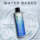 Passion Natural Water-Based Lubricant 10 Oz bottle on water background, highlights body-safe formula and easy cleaning.