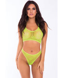 Pink Lipstick Festival Flirt Bra Set Green S/M in vibrant neon green sheer fabric with hemp-leaf design.