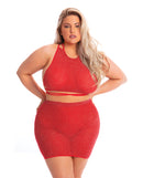 Pink Lipstick Midnight Sun Skirt Set Red Queen featuring a model in a striking red two-piece outfit.