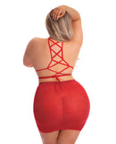 Pink Lipstick Midnight Sun Skirt Set Red Queen featuring a strappy red top and a shimmering mini skirt from the back.