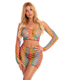 Pink Lipstick Pot of Gold Skirt Set Rainbow One Size vibrant outfit showcasing colorful mesh design and flirty style.