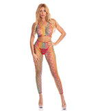 Pink Lipstick Roy G Biv 2 Piece Bodystocking Rainbow worn by model, showcasing vibrant colors and playful design.