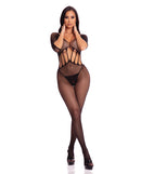 Pink Lipstick Amplify Crotchless Bodystocking Black on a model, showcasing sheer, figure-hugging design with open crotch detail.