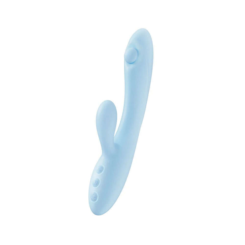Play With Me Moondust Magic Rabbit Massager, flexible waterproof vibrator with customizable vibrations in pale blue.