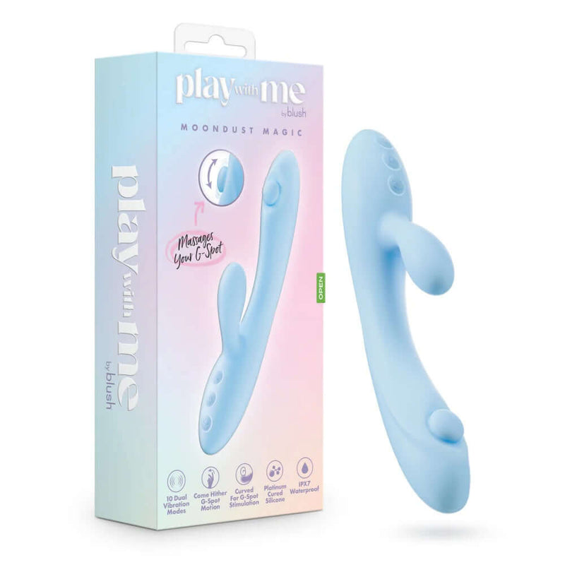 Play With Me Moondust Magic Rabbit Massager with customizable vibrations and waterproof design in light blue next to its packaging.
