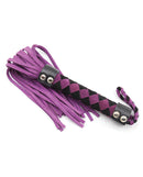 Plesur 15 Inch Leather Flogger Purple with braided handle and flexible suede tails.