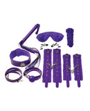 Plesur Everything Bondage 12 Piece Kit Purple including cuffs, collar, whip, and blindfold for restraint play.