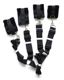 Plesur Fuzzy Bedroom Bondage Kit Black featuring soft cuffs and adjustable straps for light bondage.