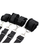 Plesur Fuzzy Bedroom Bondage Kit Black includes soft fuzzy cuffs and attachment system for comfortable light bondage.