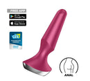 Satisfyer Plug-ilicious 2 Vibrating Butt Plug Black displaying app connectivity and award recognition.