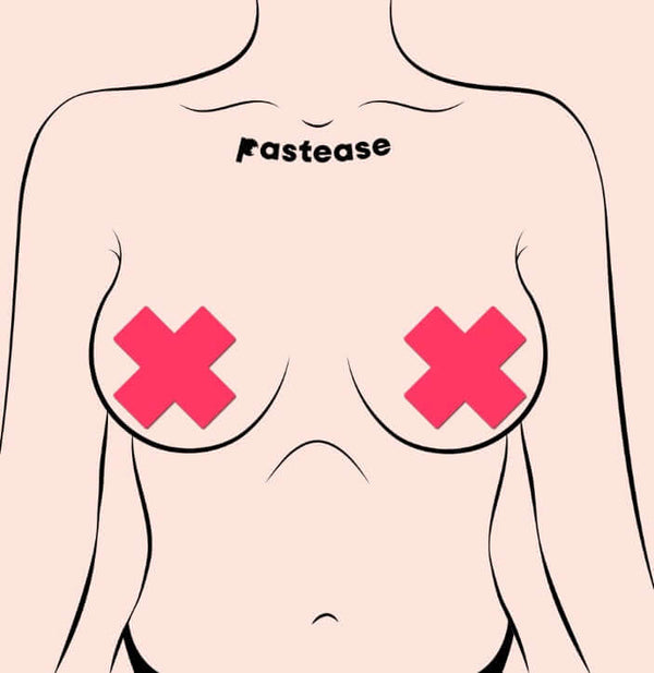 Glow-in-the-Dark Neon Pink Cross Pasties Nipple Covers by Pastease worn by a model illustration.