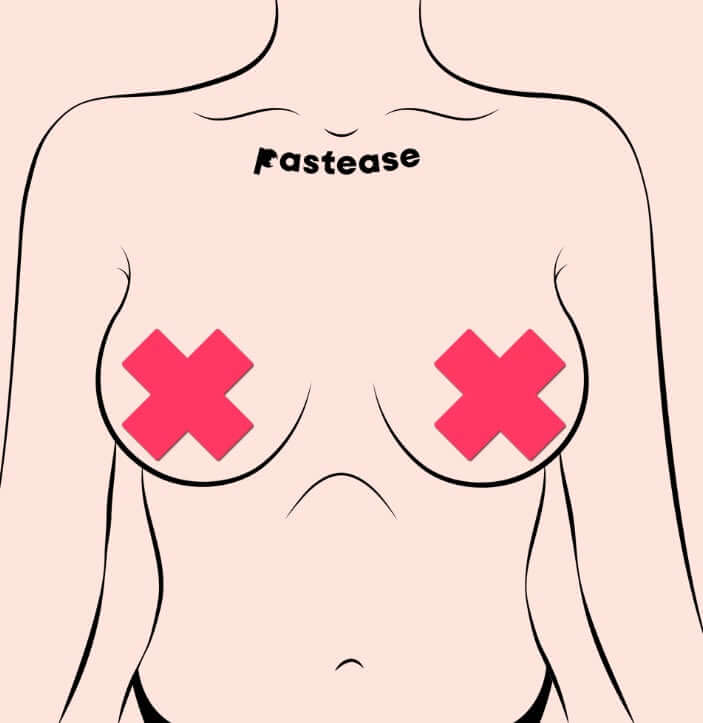 Glow-in-the-Dark Neon Pink Cross Pasties Nipple Covers by Pastease worn by a model illustration.