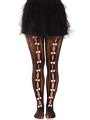 Leg Avenue Sweetheart Striped Net Tights Black OS featuring keyhole cutouts and pink bows, styled with a ruffled black skirt.