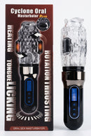 Cyclone Oral Sex Masturbator Plus packaging showcasing features like heating, rotation, and thrusting for immersive pleasure.
