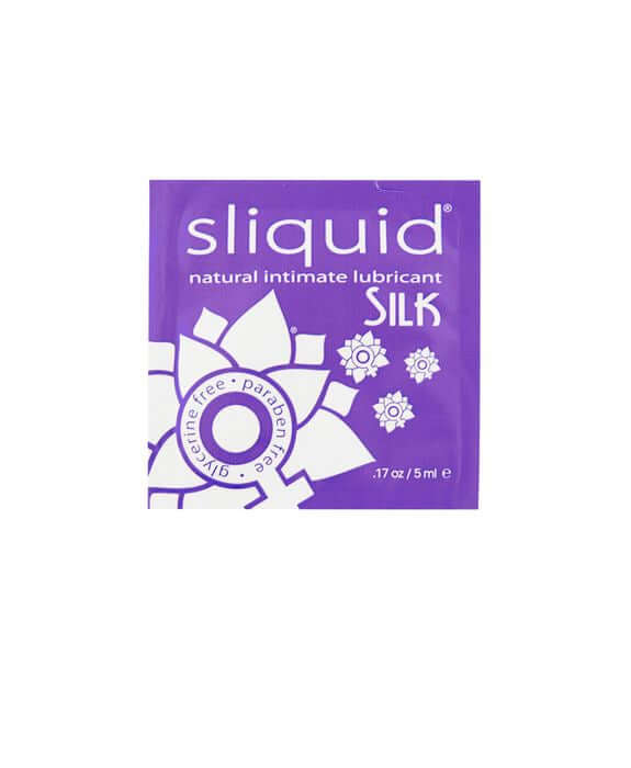 Sliquid Silk Natural Intimate Lubricant 200 Pillow Packs single sachet showing vegan and paraben-free features.