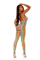 Deep V Bodystocking One Size Multicolor showcasing a colorful crochet net design, perfect for a bold fashion statement.