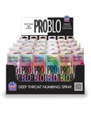 Pro Blo Deep Throat Spray 24 Pc Display showcasing colorful bottles in retail display for enhancing comfort.