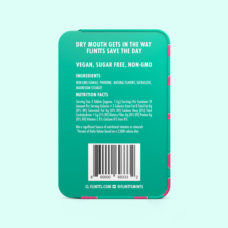 Back of Flintts Mouth Mints 2 Pack Cool Watermelon, listing ingredients and nutrition facts.