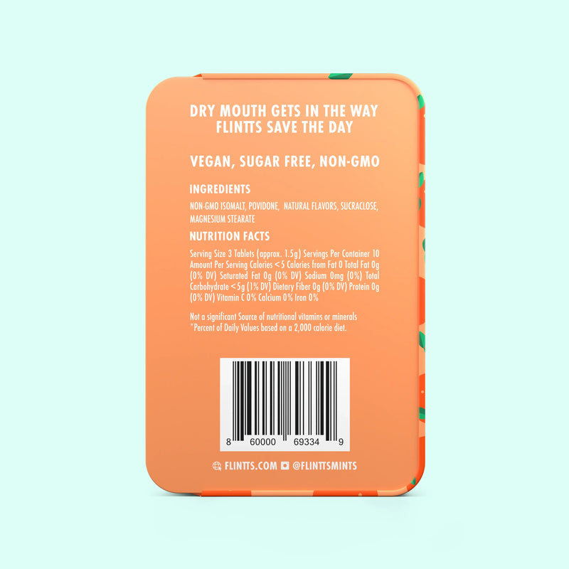 Back of Flintts Mouth Watering Mints Sour Tangerine packaging with ingredient and nutrition facts. Vegan, sugar-free, non-GMO.