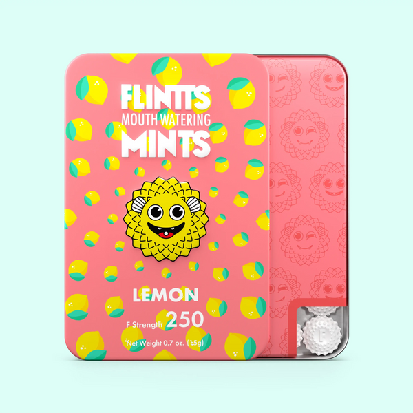 Flintts Mouth Watering Mints 2 Pack Lemon flavor, F-Strength 250, vibrant packaging with fun graphics and lemon design.