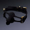 Black silicone dildo-shaped mouth gag with gold hardware accents on a black background.