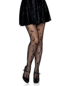 Leg Avenue Celestial Fishnet Tights One Size Black featuring stars and moons on a model's legs.
