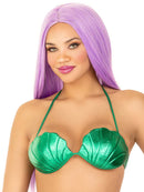 Leg Avenue Mermaid Shell Bra Top Small Green showcased on a model with purple hair, perfect for costume parties.