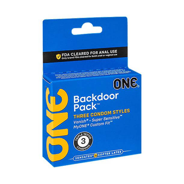 "One Backdoor 3-Pack Latex Condoms box offering three condom styles cleared for anal use"