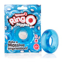 RingO Biggies Cock Ring Blue in packaging, emphasizing its bold design and super-stretchy material for enhancement.