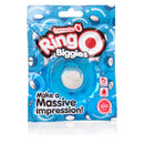 RingO Biggies Cock Ring Blue packaging featuring bold colors and the slogan 'Make a Massive Impression!'