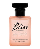 Bliss Pheromone Perfume by Raw Chemistry 1 Oz glass bottle with black lid and pink liquid.