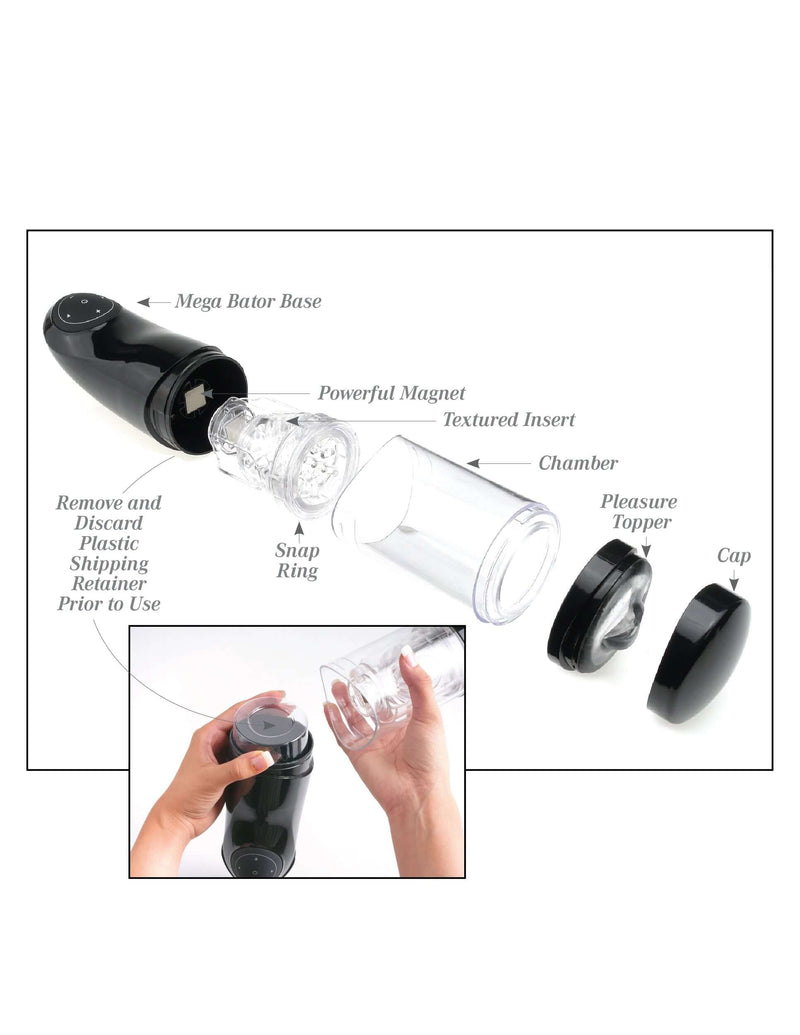 Pipedream Extreme Toyz Mega Bator Mouth masturbator parts and features exploded view with labels