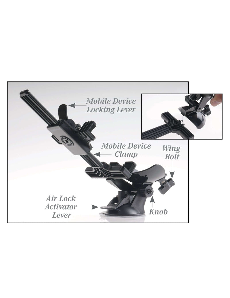 Image of Pipedream Extreme Mega-Bator Mouth device features, including mobile device clamp and air lock activator lever.
