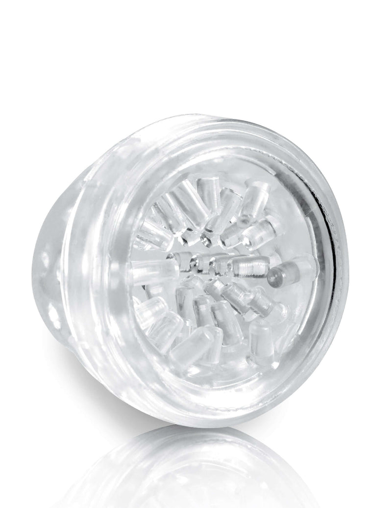 Pipedream Extreme Mega-Bator Mouth masturbator, clear and red, showing internal texture for enhanced pleasure.