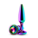 Rear Assets Chrome Tapered Anal Plug Medium with rainbow finish and gem detail for intimate wellness.