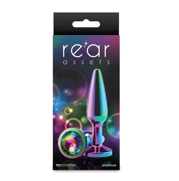 Rear Assets Chrome Tapered Anal Plug Medium packaging with vibrant colors and design.