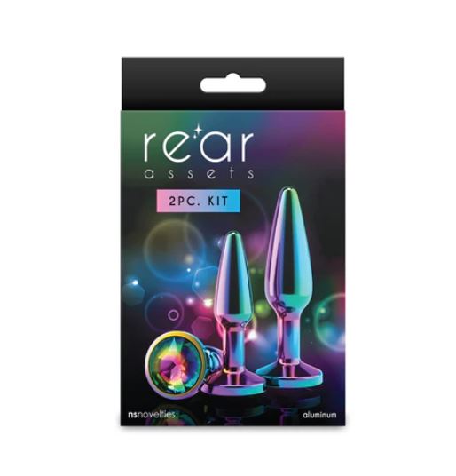 Rear Assets Tapered Trainer Chrome Plated Anal Plugs Kit 2 Pc in a colorful packaging, showcasing two tapered anal plugs.