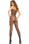 Rene Rofe Strapped Up Sheer Bodystocking in black, featuring a crisscross design and open back, perfect for a daring look.