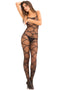 Rene Rofe black sheer bodystocking with body harness design, fully exposed breast and crotchless thong, one size fits most.