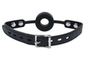 Edge Silicone Ring Gag Black with adjustable faux leather strap and thick silicone ring for secure restraint.