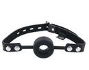 Edge Silicone Ring Gag Black with adjustable faux leather strap and silicone ring for comfort and secure positioning.