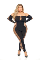 Pink Lipstick Diamond Drippin Bodystocking Queen Size Black showcasing a curvy-friendly design with sheer diamond-net detail.
