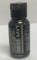 Swiss Navy Hybrid Silicone Water Based Lubricant 1 Oz packaging bottle with premium glide features.