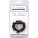Titanmen Muscle Bound Cock Ring 32mm Black in packaging, featuring soft silicone design for enhanced performance.