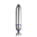 Silver bullet vibrator with a sleek design and purple accents, perfect for discreet pleasure.