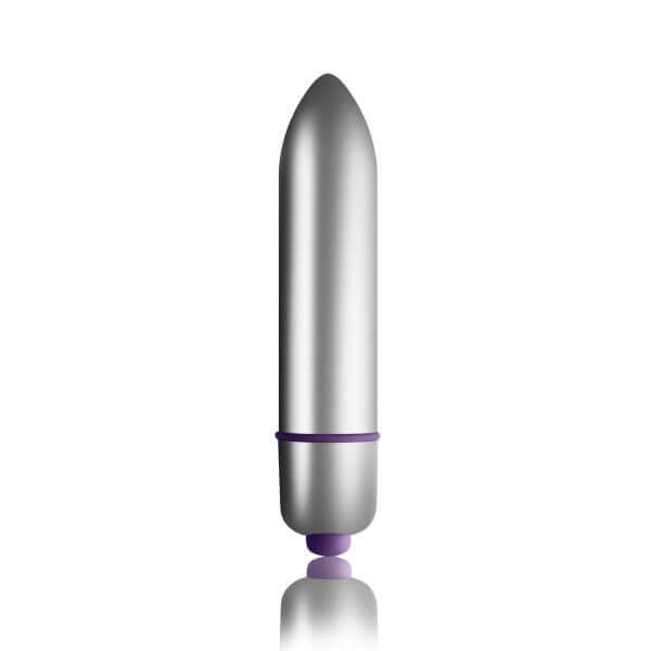 Silver bullet vibrator with a sleek design and purple accents, perfect for discreet pleasure.