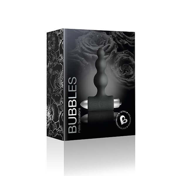 Packaging of Rocks Off Petite Sensations Bubbles Black silicone anal plug with floral design.