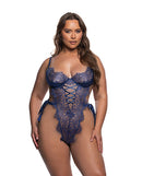 Roma Confidential Floral Embroidered Lace Teddy Navy 2X model showcasing delicate floral embroidery and scalloped lace.